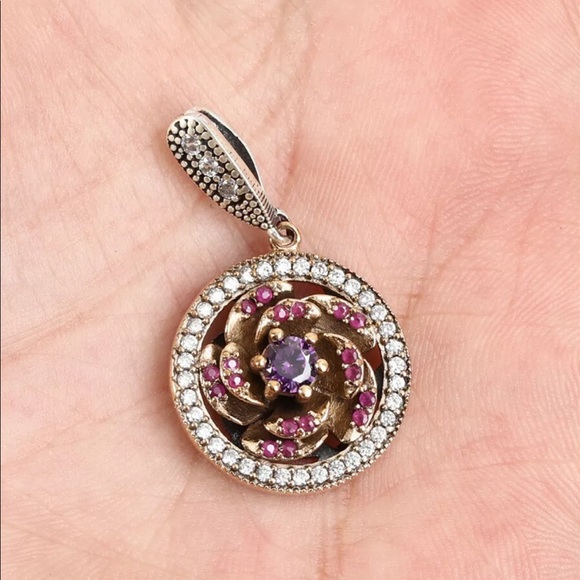 Sultan Ottoman Flower Ruby Topaz Silver Pendant - Picture 1 of 3